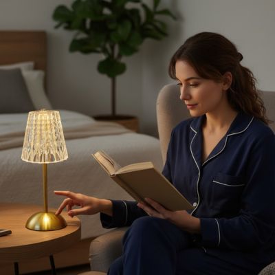 femme lit livre devant lampe de table