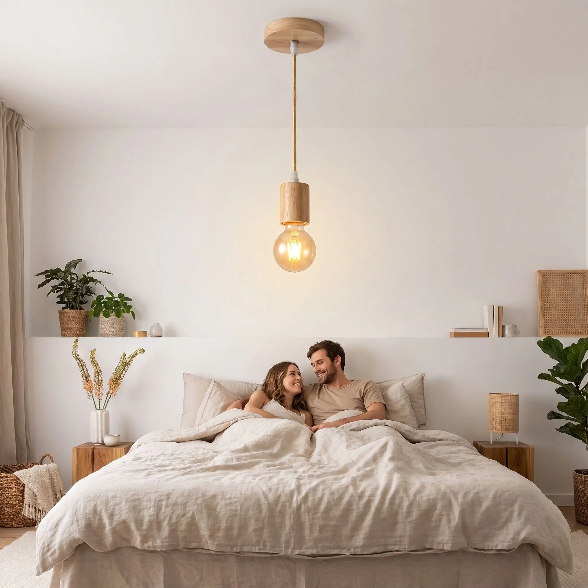 couple coucher sous suspension luminaire bois