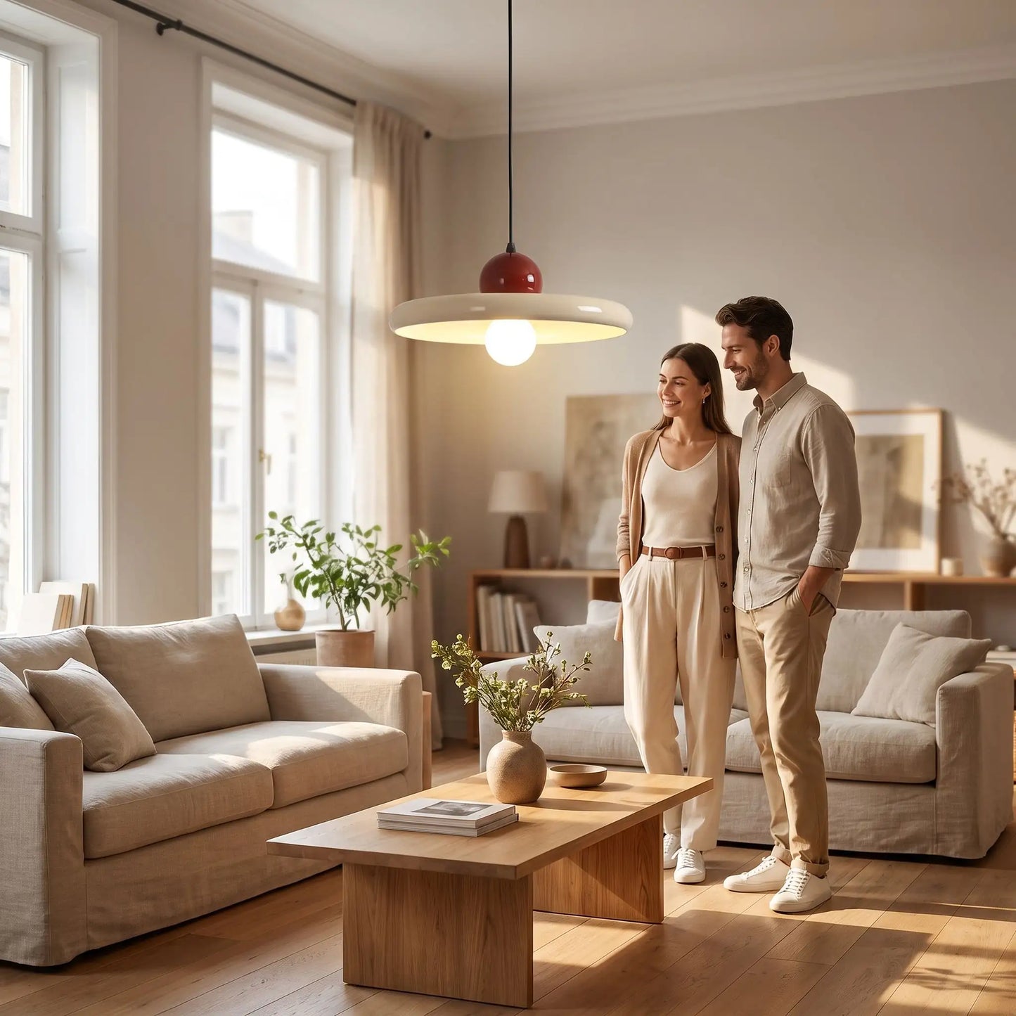 couple heureux sous luminaire suspension