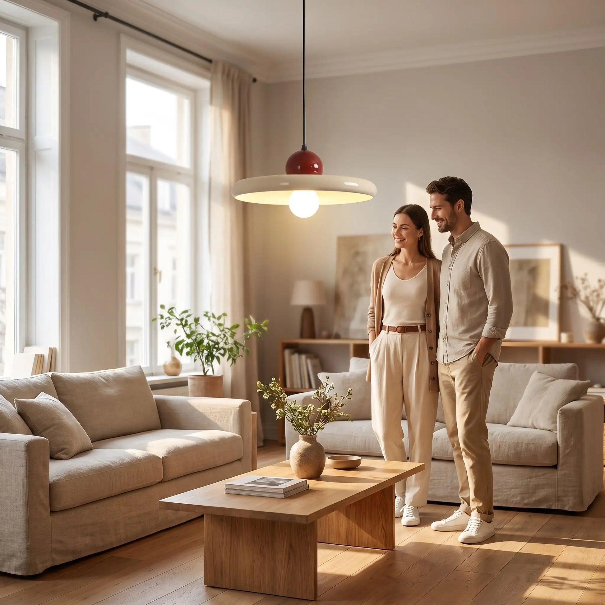 couple heureux sous luminaire suspension