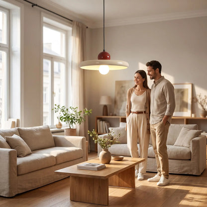 couple heureux sous luminaire suspension
