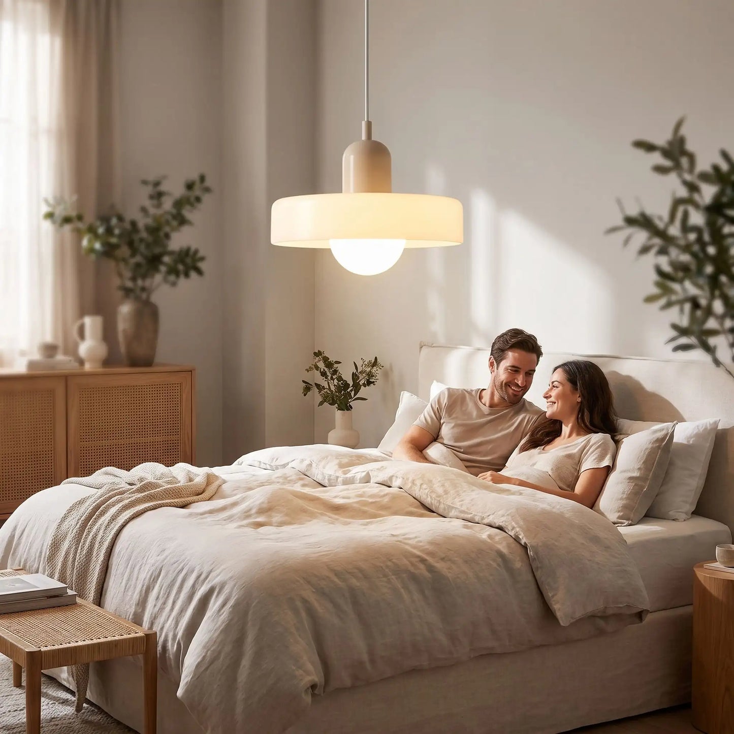couple heureux sous suspension luminaire chambre