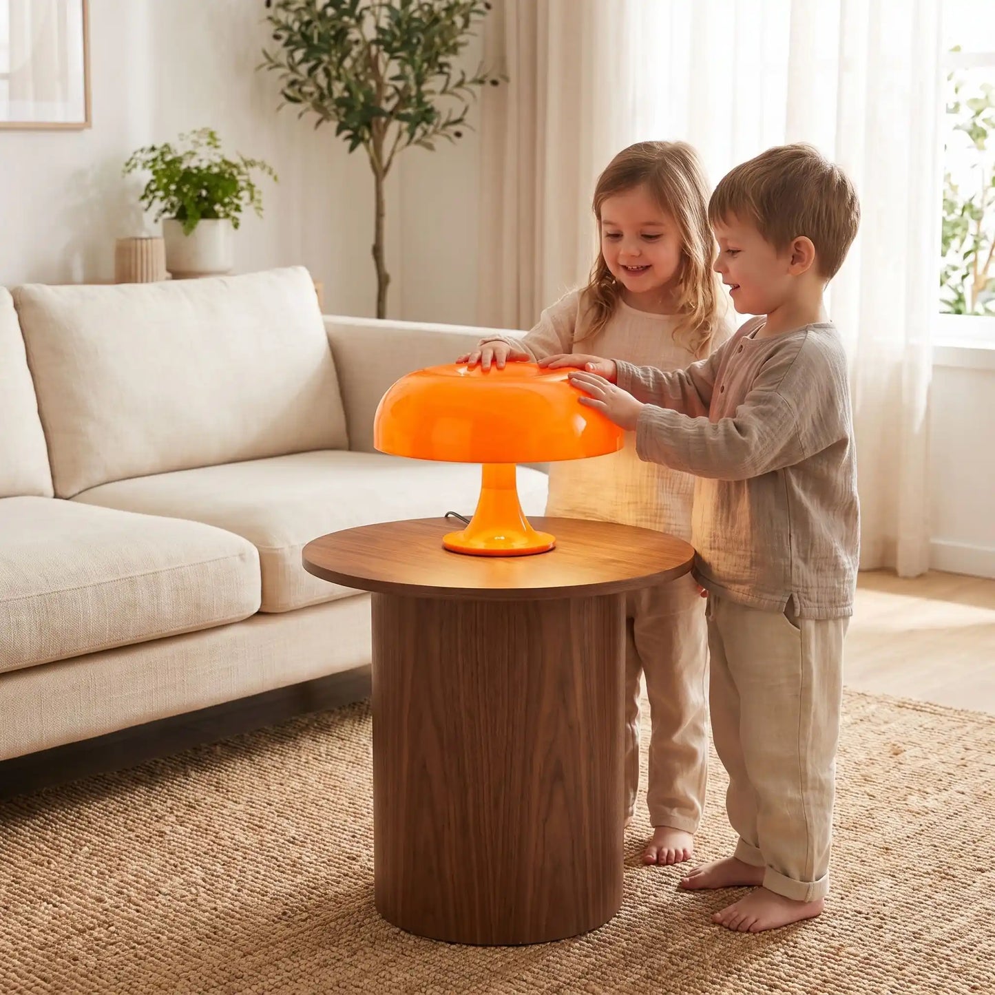 enfant touchent lampe orange champignon