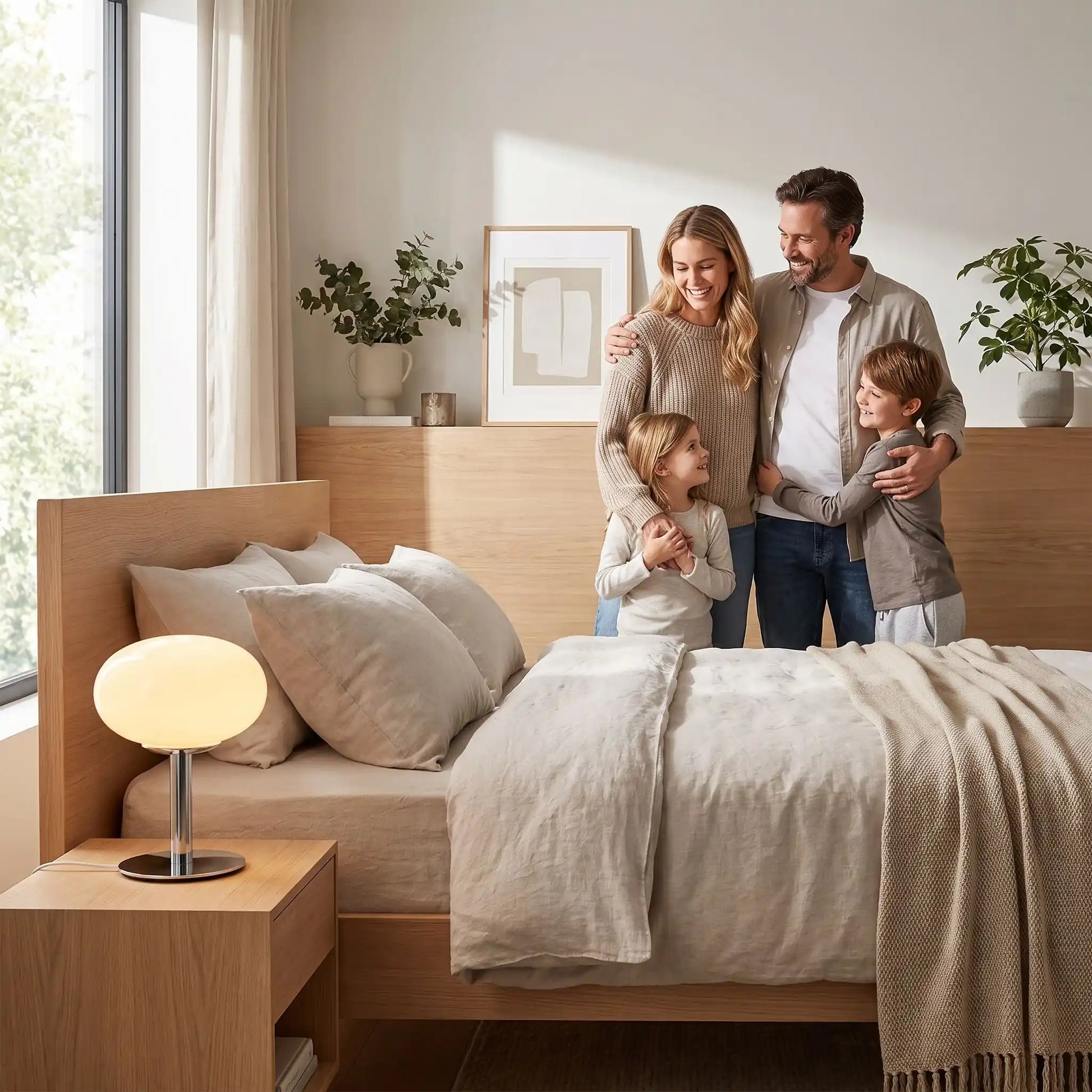 famille heureuse autour de lampe de table