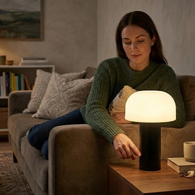 femme assise devant lampe champignon