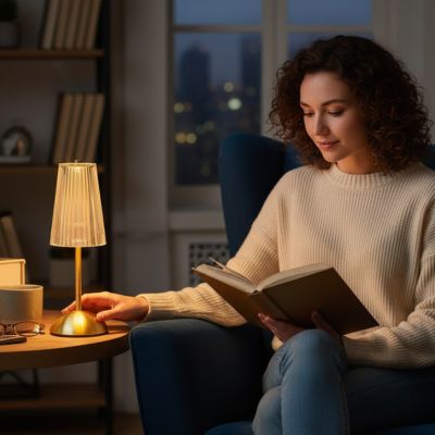 femme assise devant lampe de table
