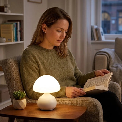 femme assise fait lecture devant lampe champignon