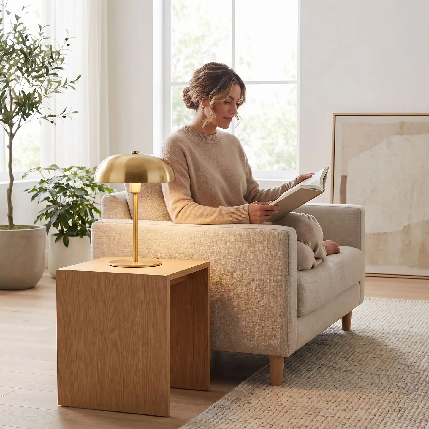 femme assise lis livre devant lampes a poser