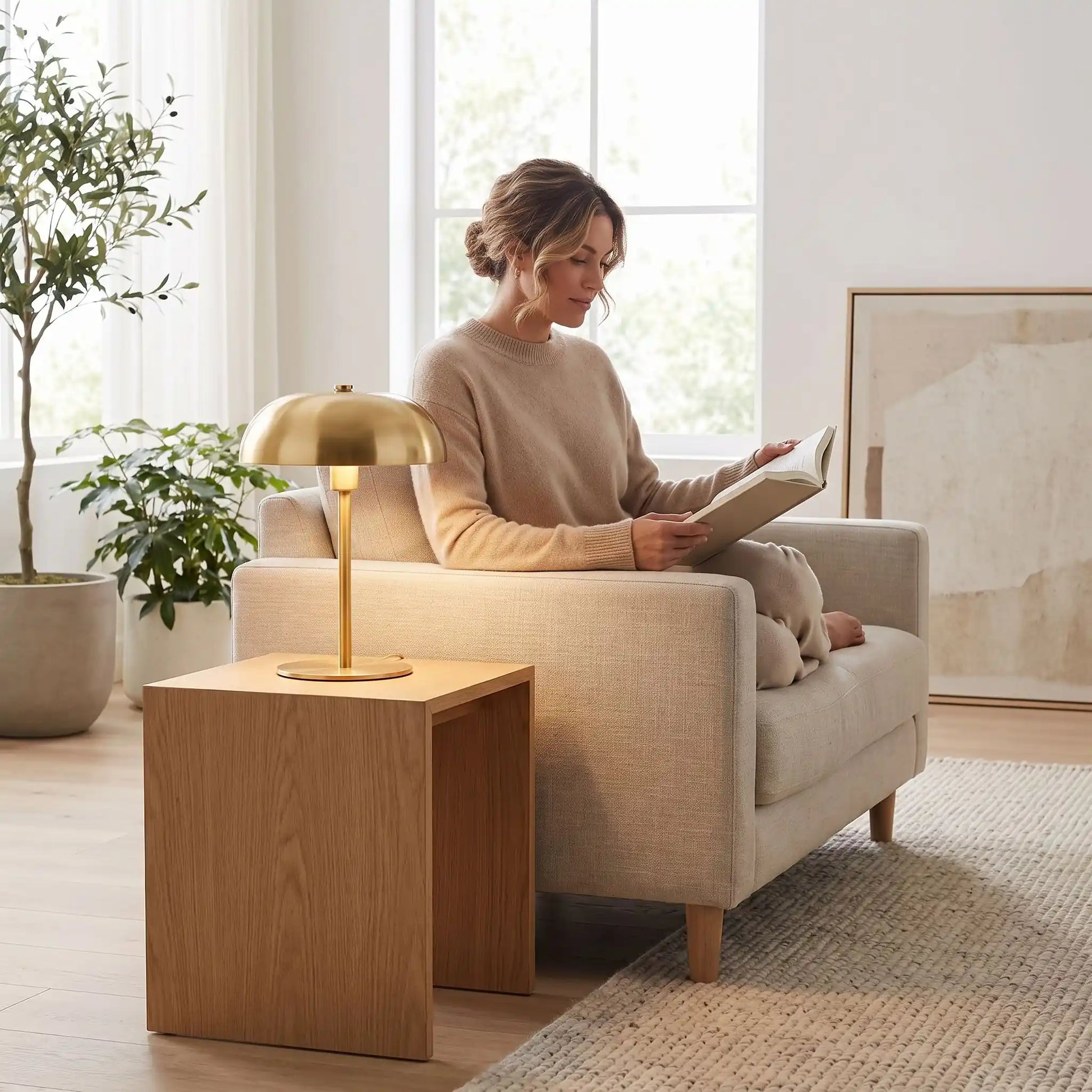 femme assise lis livre devant lampes a poser