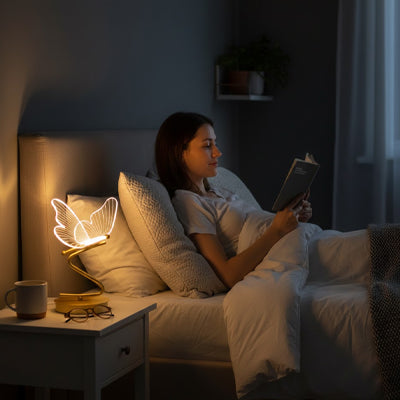 femme couche lit sous lampe a poser