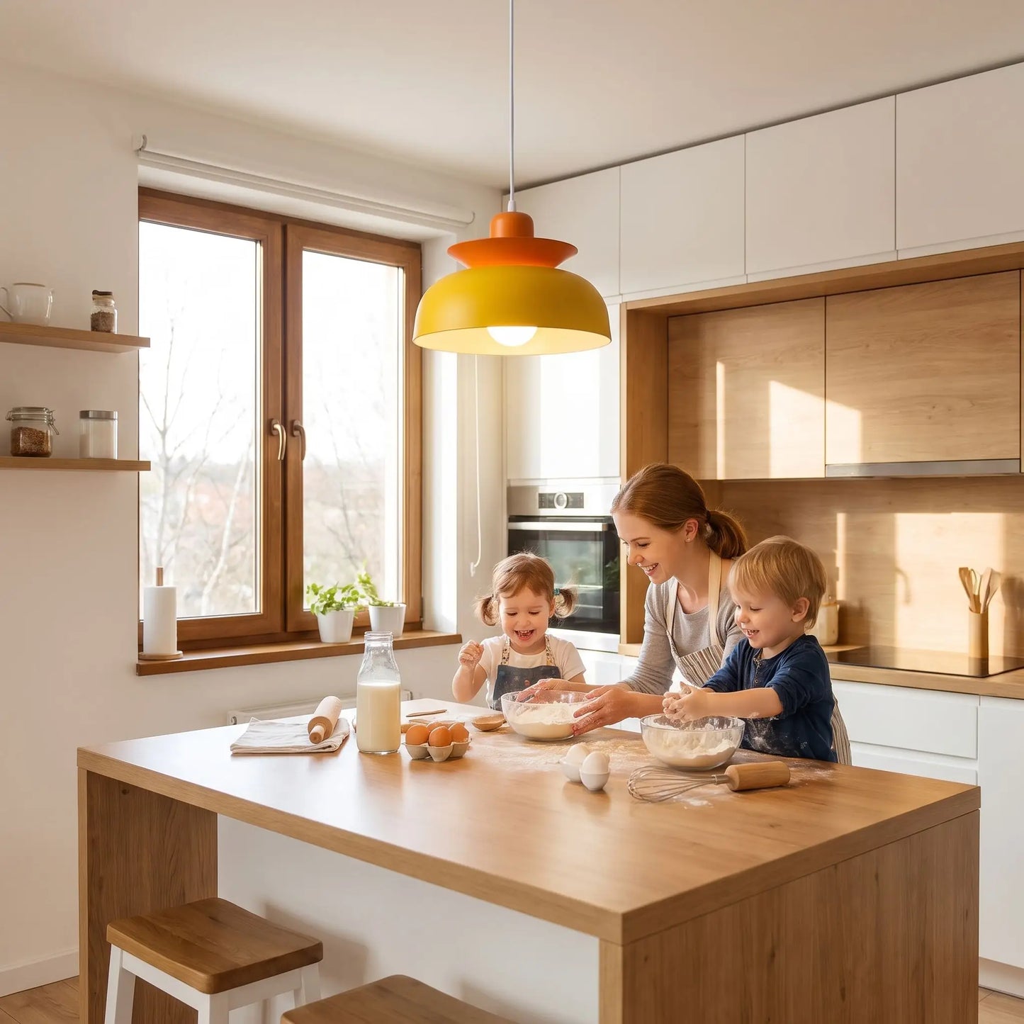 femme enfants cuisine sous suspension luminaire cuisine