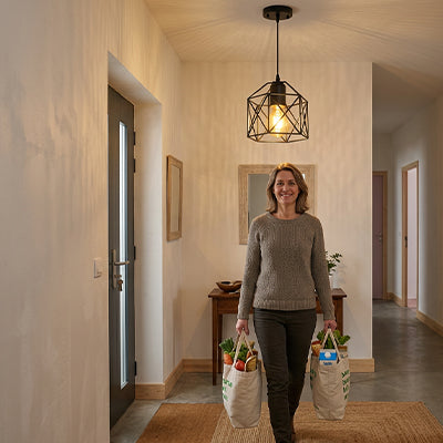 femme entre maison sous suspension luminaire