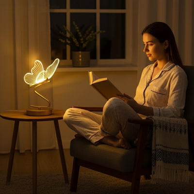 femme lit au canape devant lampe a poser