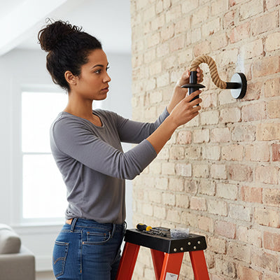 femme met ampoule sur appliques murale design