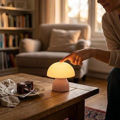 femme pose mains sur lampe champignon salon