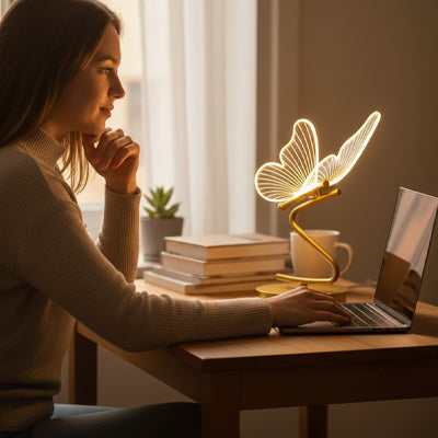 femme sur machine devant lampe a poser