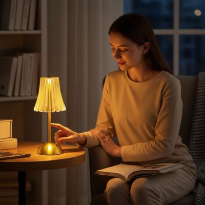 femme touche la lampe de table