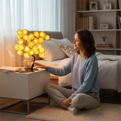 femme touche lampe de chevet