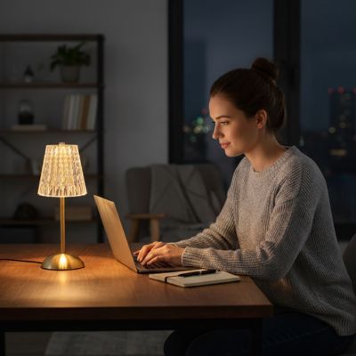 femme travaille sur machine devant lampe de table