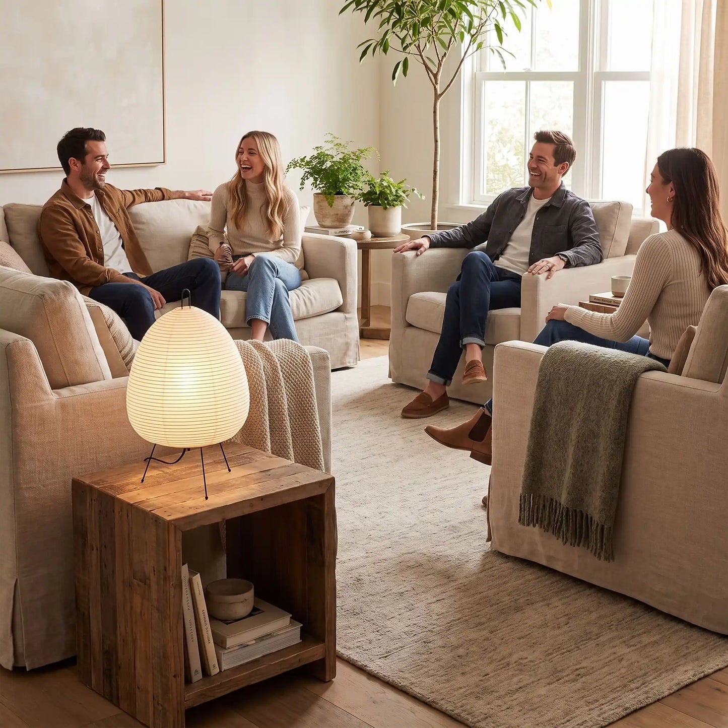 groupe ami assis devant lampe à poser