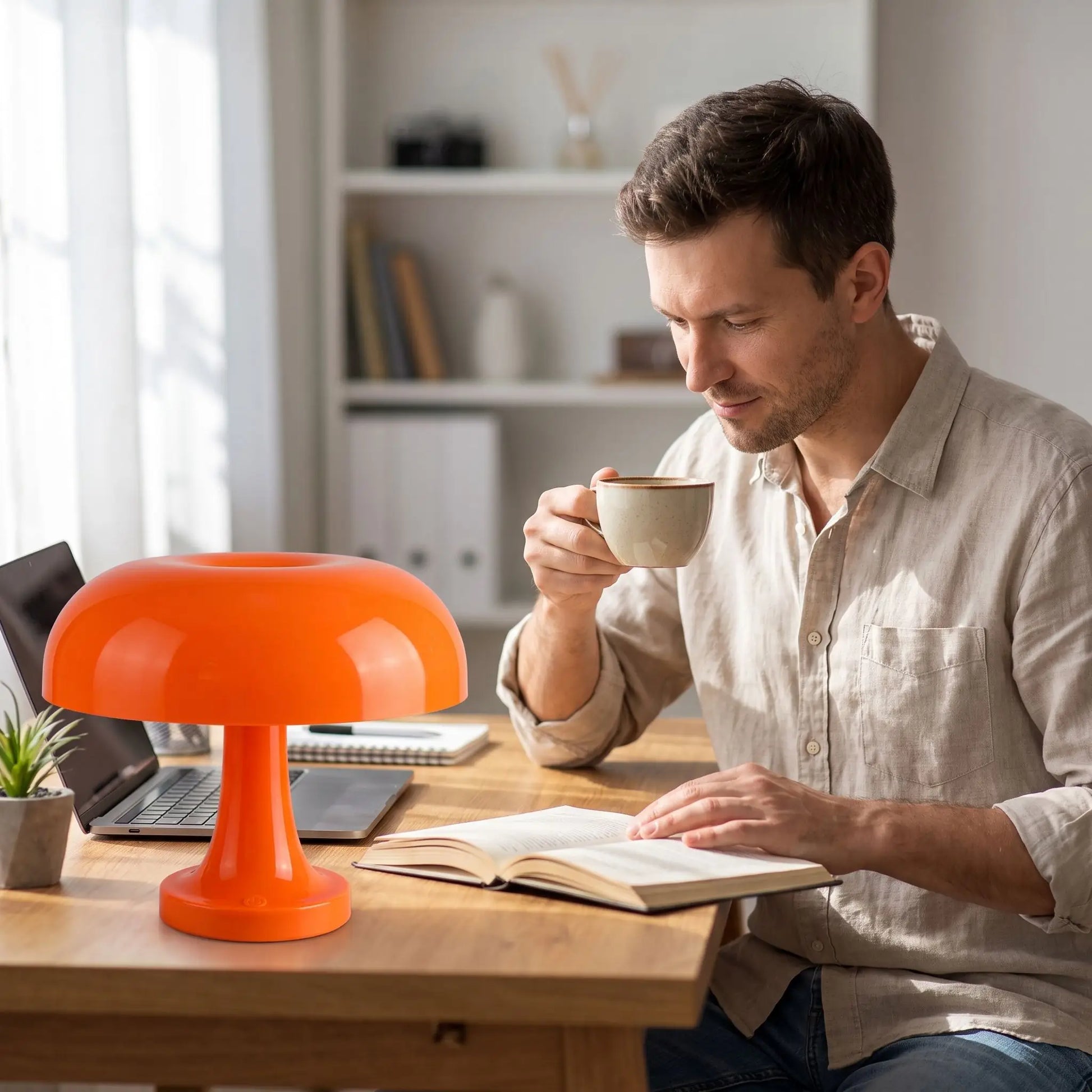 homme prend cafe et lis devant lampe champignon orange
