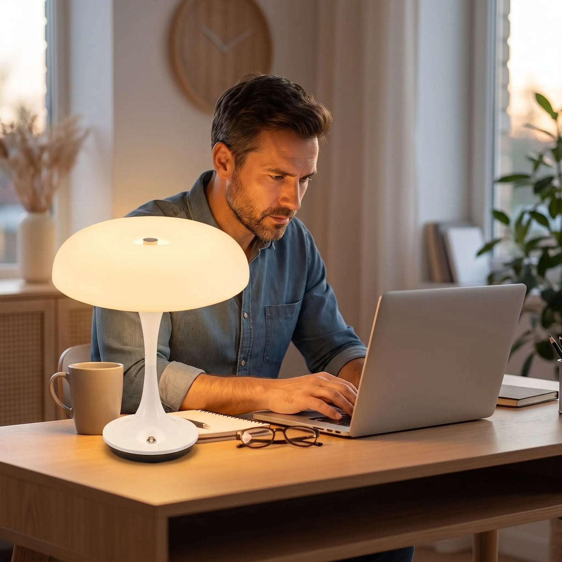 homme sur machine devant lampe champignon orange