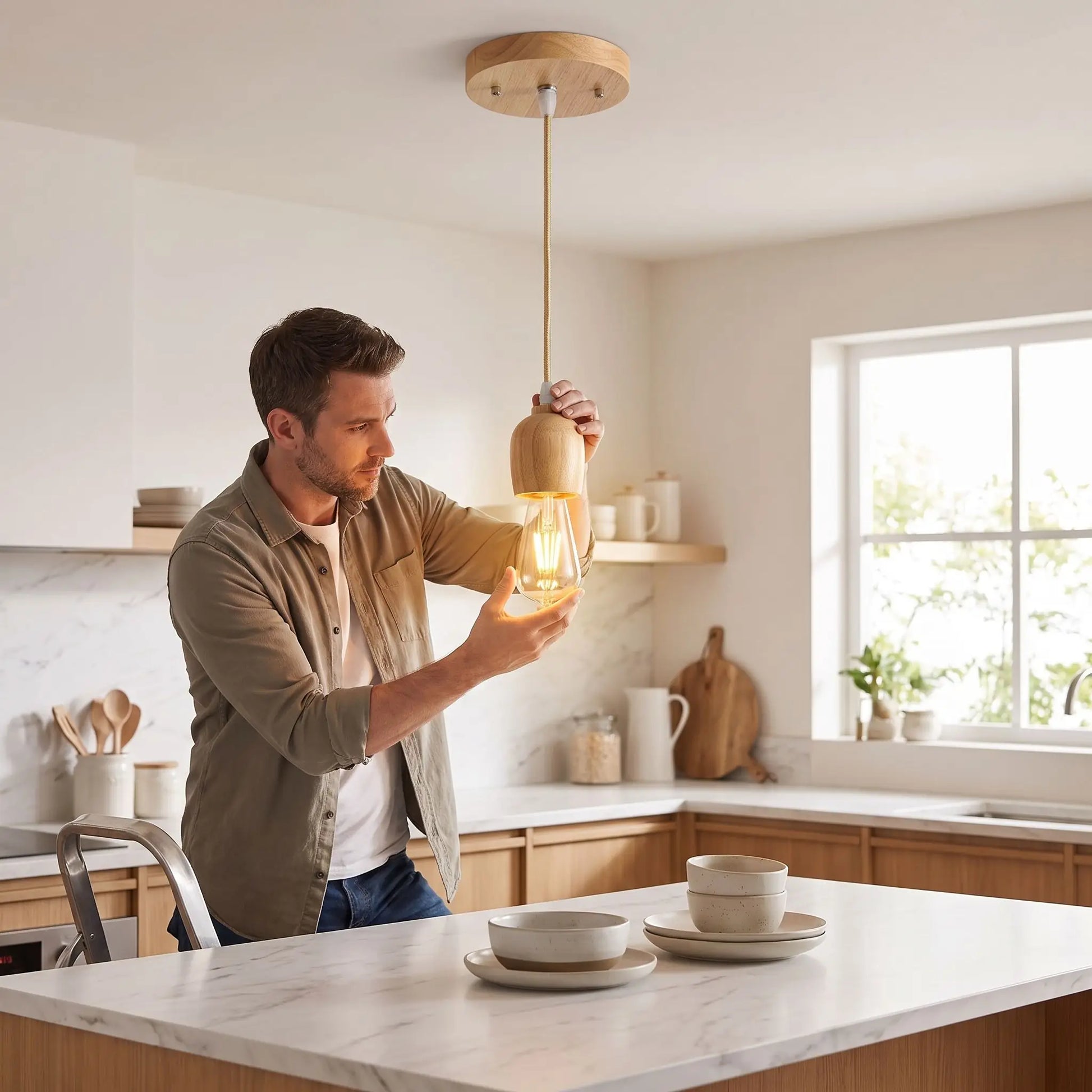 homme touche suspension luminaire bois