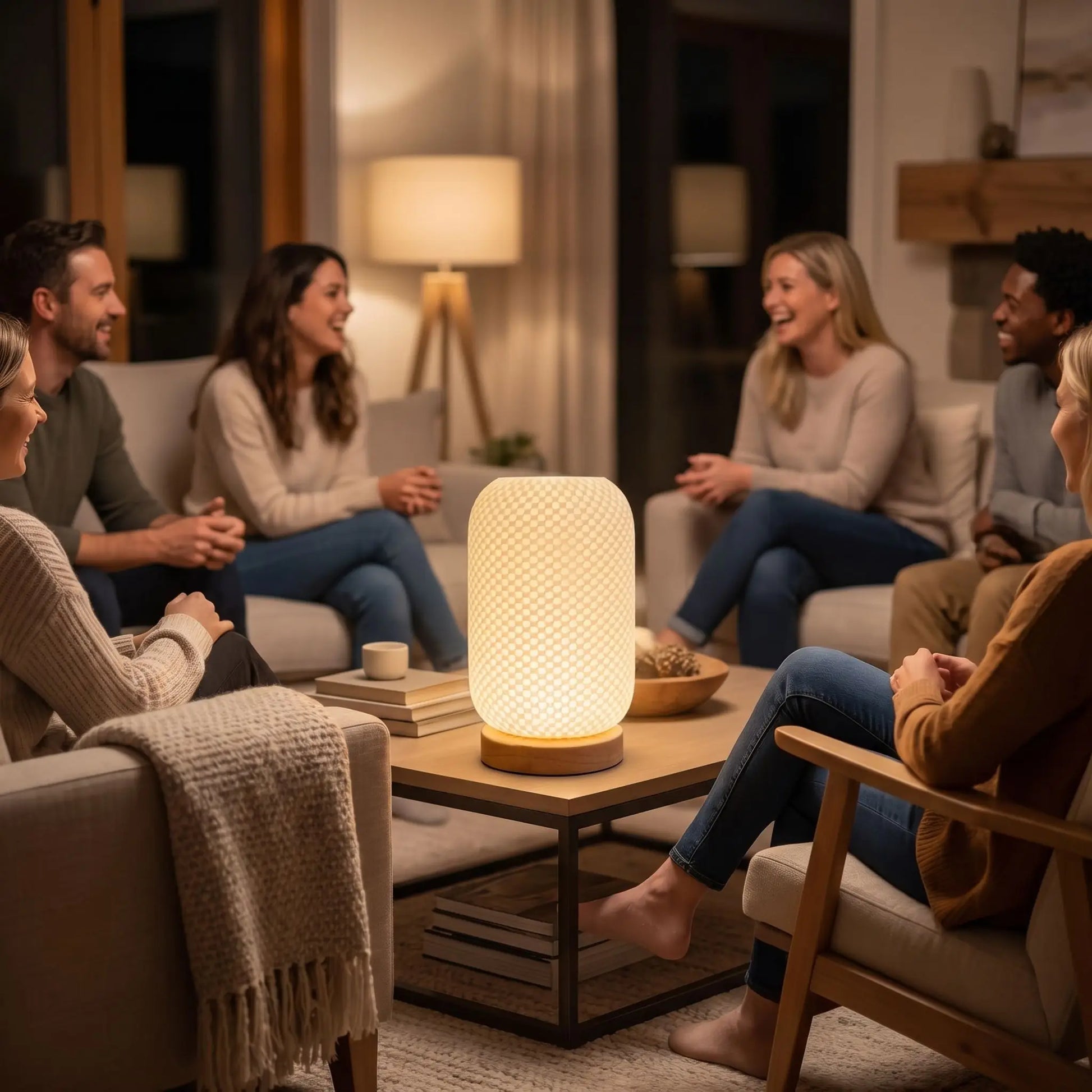 personnes heureux cause devant lampe de table led