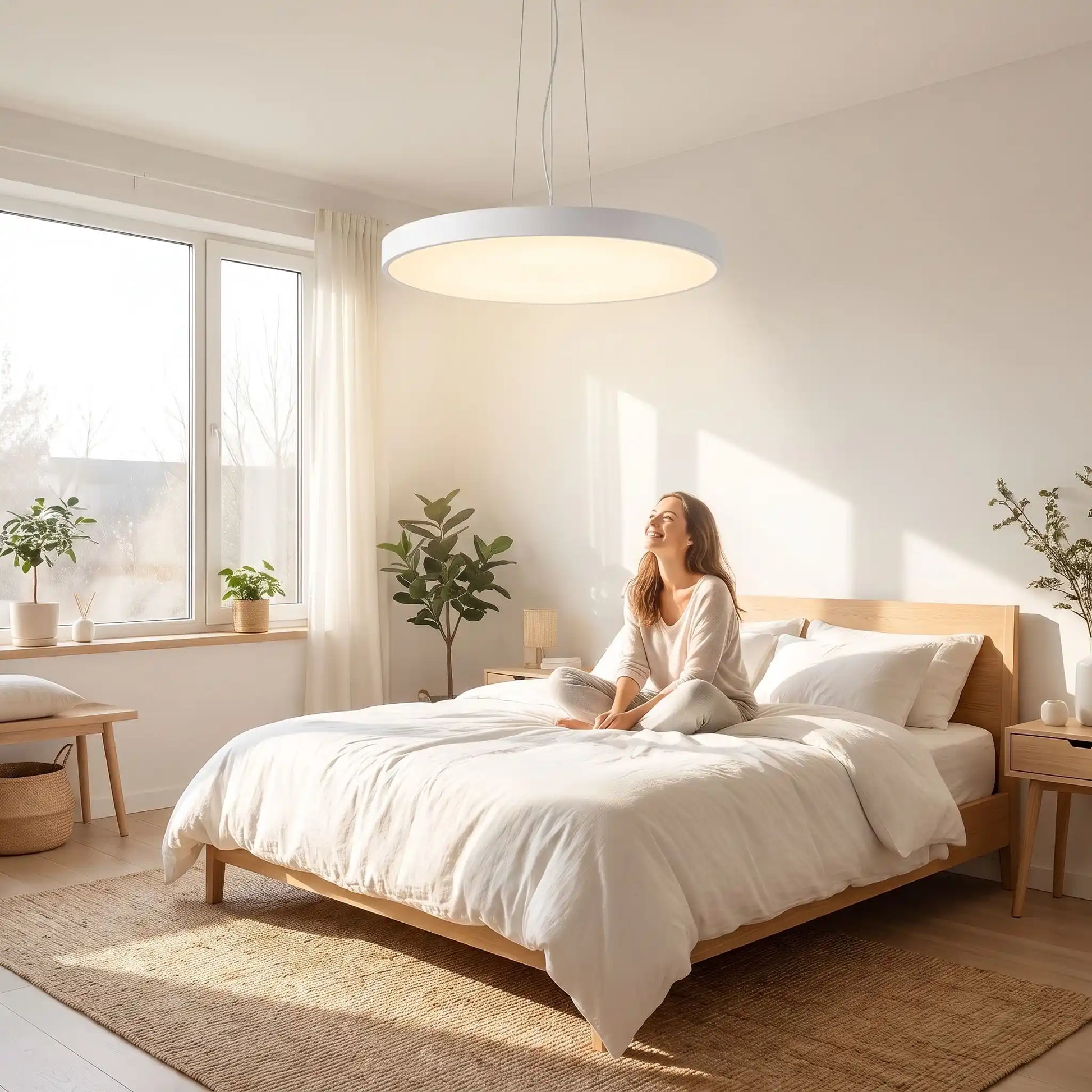 suspension luminaire eclaire femme sur lit